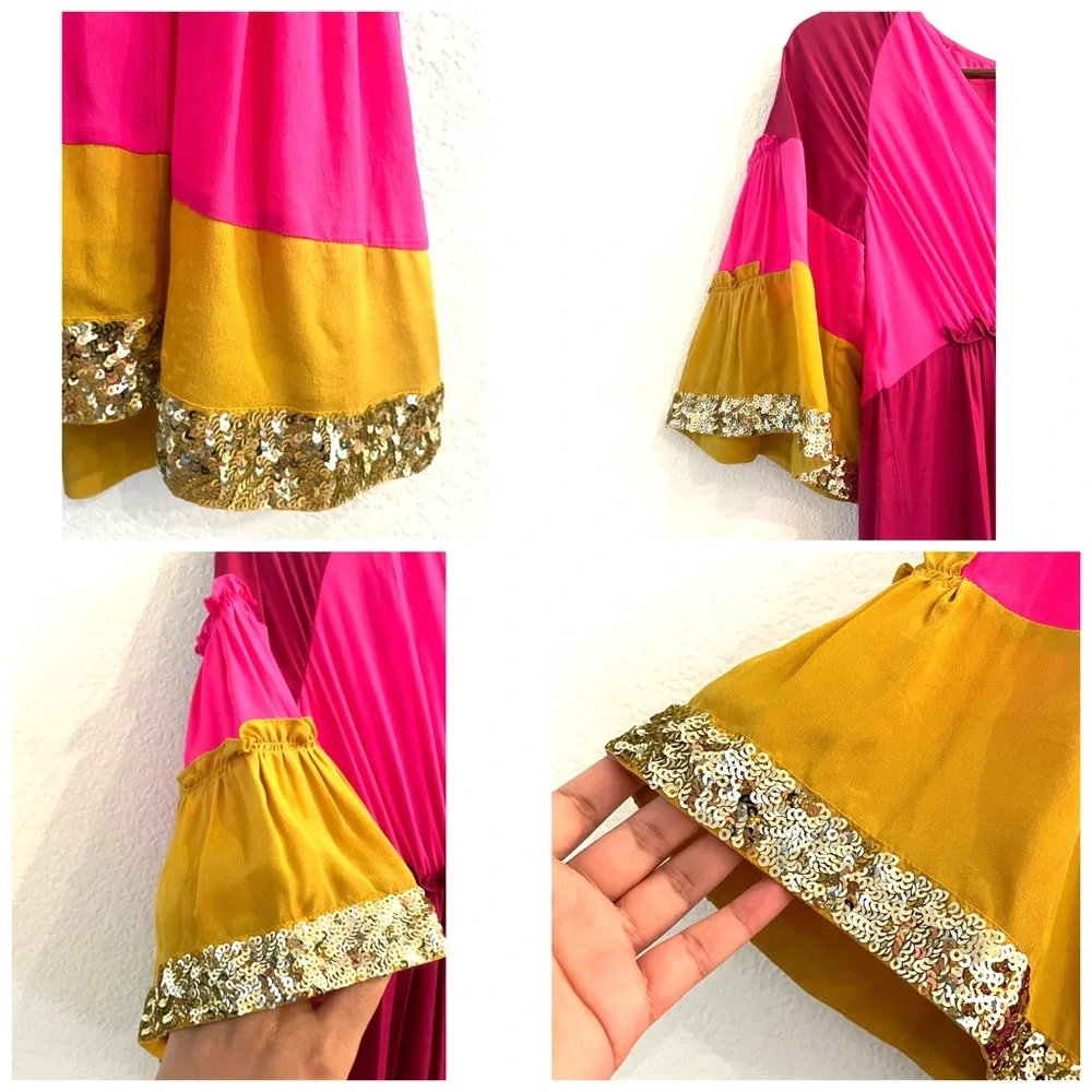 NWT Figue  Silk Crepe Colorblock Gold Sequin  Trim Midi Dress Bohemian Gypsy - Picture 12 of 16